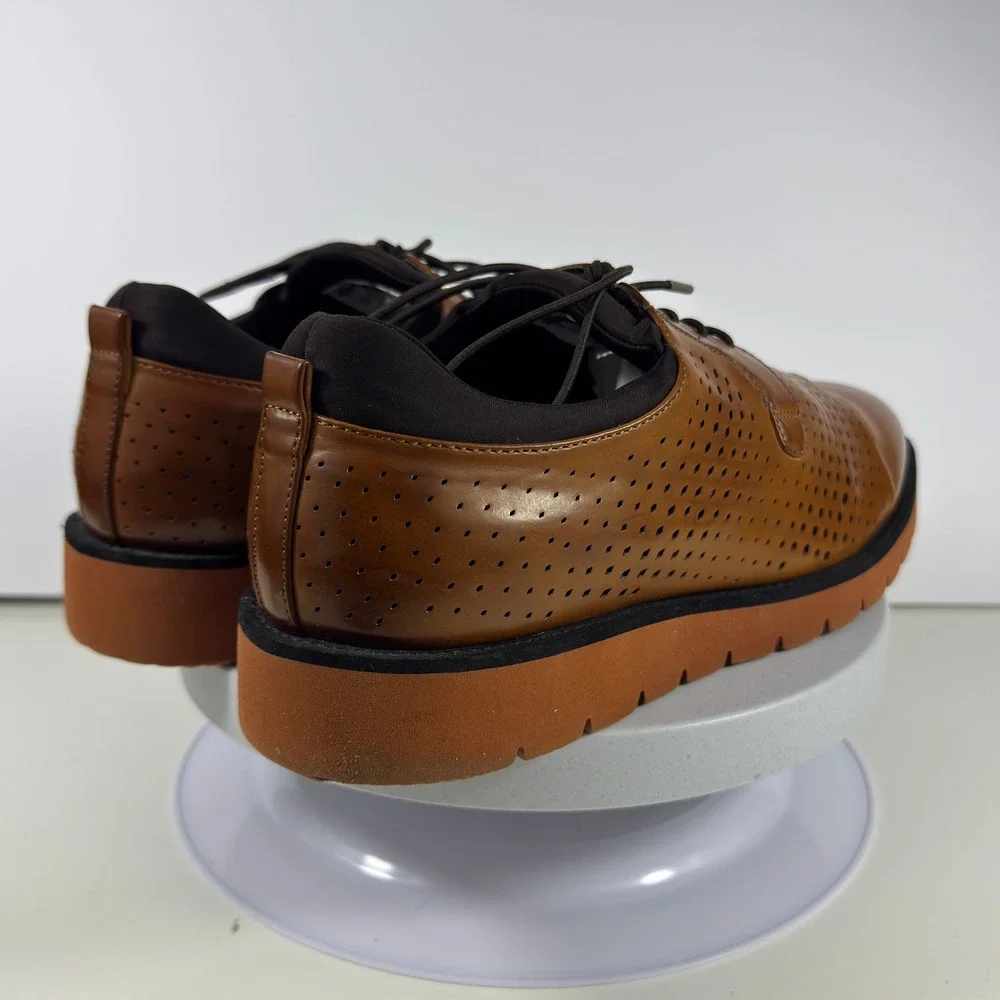 TAYNO Men 10 Cognac Perforated Oxford Vegan Leather Casual Dress Shoes
